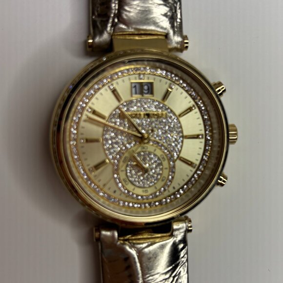 Michael Kors MK2444 Sawyer Gold Tone Chronograph Watch Croc Embossed Leather EUC main image 2